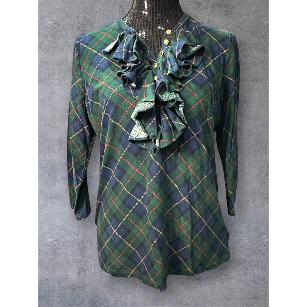 Lauren Ralph Lauren Green Gordon Tartan Plaid Ruffle Top Womens XL 3/4 Sleeve